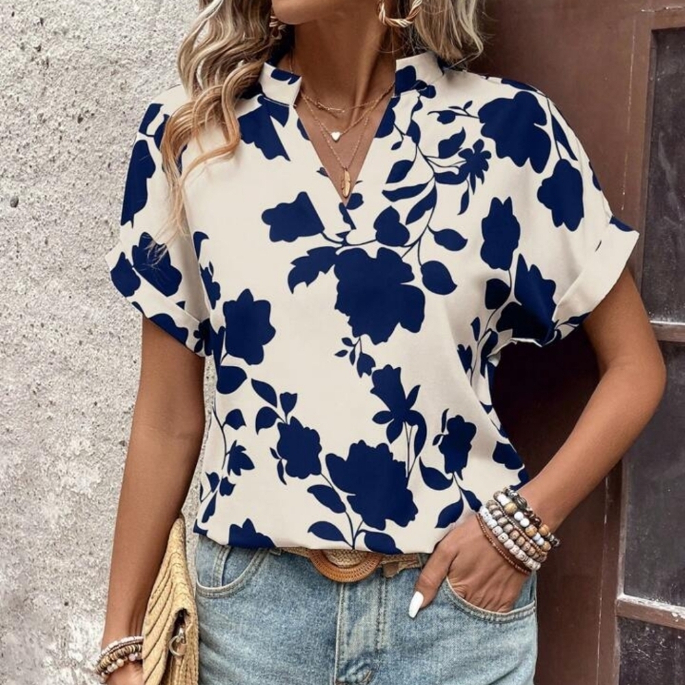 Women Summer Vacation Solid Color Big Floral Notched V-Neck Batwing Short-Sleeve - Picture 3 of 4